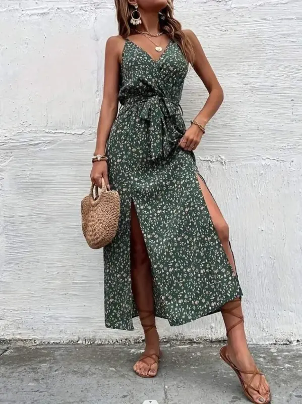 Women's Spaghetti Strap Crossover Neck Slit Long Patterned Belted Supima Dress - 3