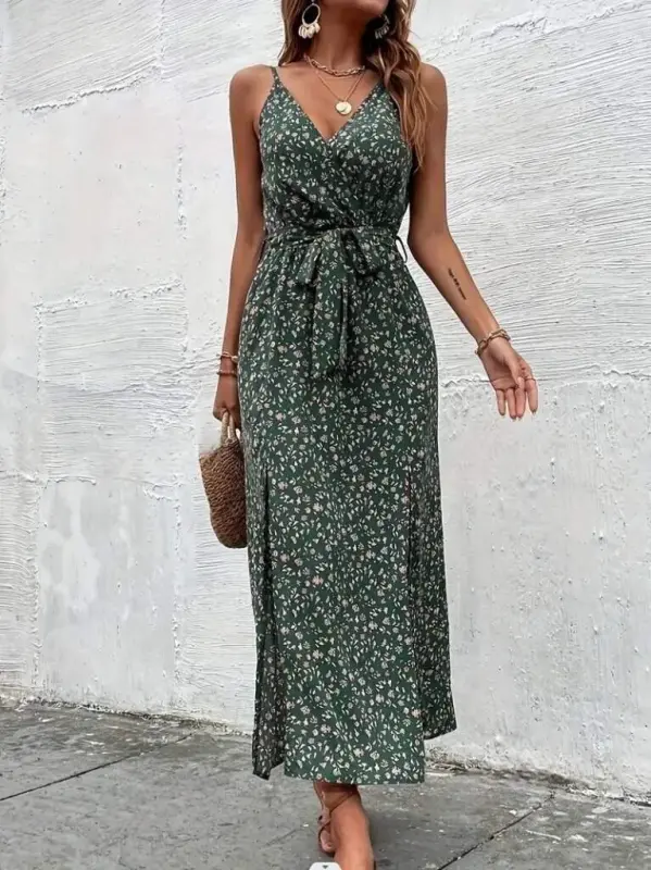 Women's Spaghetti Strap Crossover Neck Slit Long Patterned Belted Supima Dress - 4