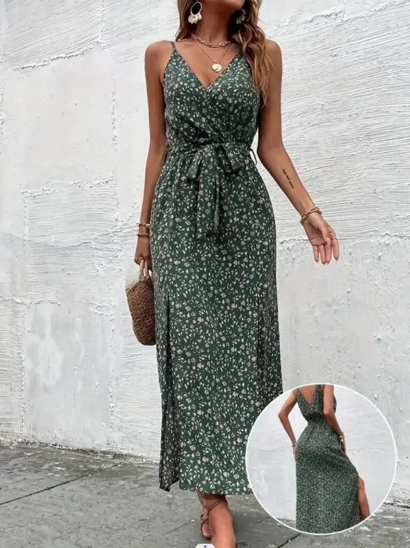 Women's Spaghetti Strap Crossover Neck Slit Long Patterned Belted Supima Dress - 5