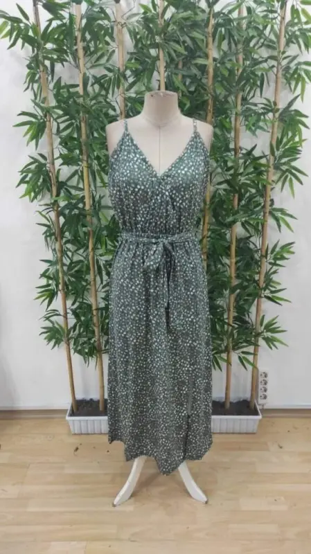 Women's Spaghetti Strap Crossover Neck Slit Long Patterned Belted Supima Dress - 7