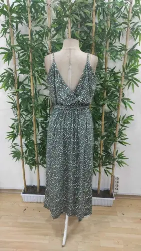 Women's Spaghetti Strap Crossover Neck Slit Long Patterned Belted Supima Dress - 9