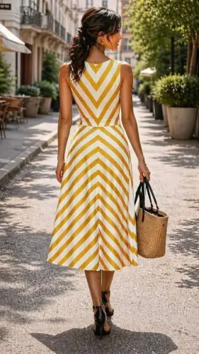 Women's Spaghetti Strap Double-Breasted Collar Beltless Striped Scuba Midi Dress - 3
