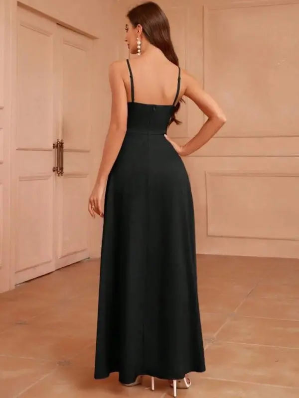 Women's Spaghetti Strap Double-Breasted V-Neck Slit Long Imported Crepe Dress - 4