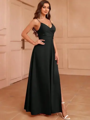 Women's Spaghetti Strap Double-Breasted V-Neck Slit Long Imported Crepe Dress - 7