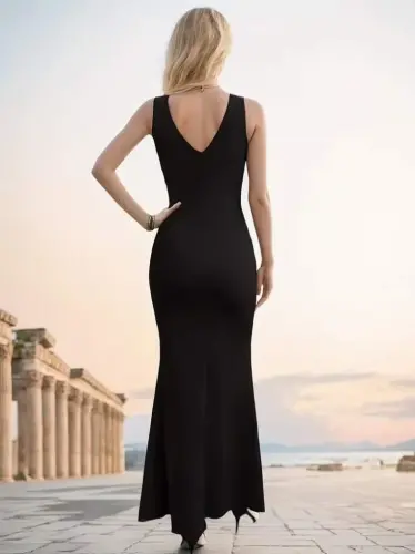Women's Spaghetti Strap Double-Breasted V-Neck Slit Long Imported Crepe Dress - 3