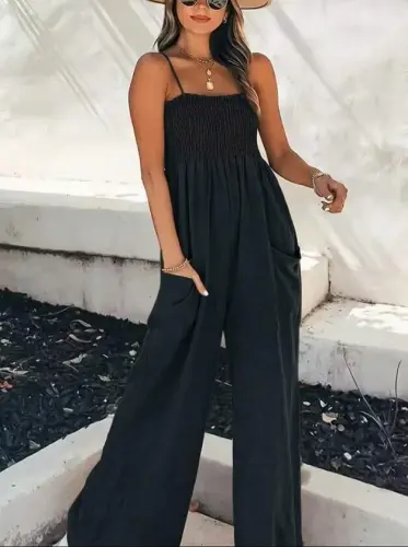 Women's Spaghetti Strap Elastic Bust Detail Pockets Long Sofia Jumpsuit - 1