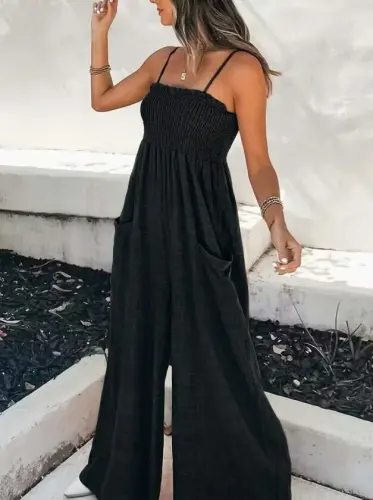 Women's Spaghetti Strap Elastic Bust Detail Pockets Long Sofia Jumpsuit - BÜYÜKBEDENIZ (1)