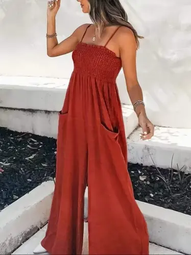 Women's Spaghetti Strap Elastic Bust Detailed Pocketed Long Sofia Jumpsuit - 2