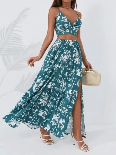 Women's Spaghetti Strap Floral Print Patterned Crop Slit Skirt Two Piece Supreme Set - 1