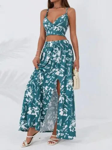 Women's Spaghetti Strap Floral Print Patterned Crop Slit Skirt Two Piece Supreme Set - 3