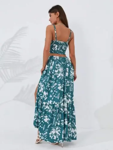 Women's Spaghetti Strap Floral Print Patterned Crop Slit Skirt Two Piece Supreme Set - 6