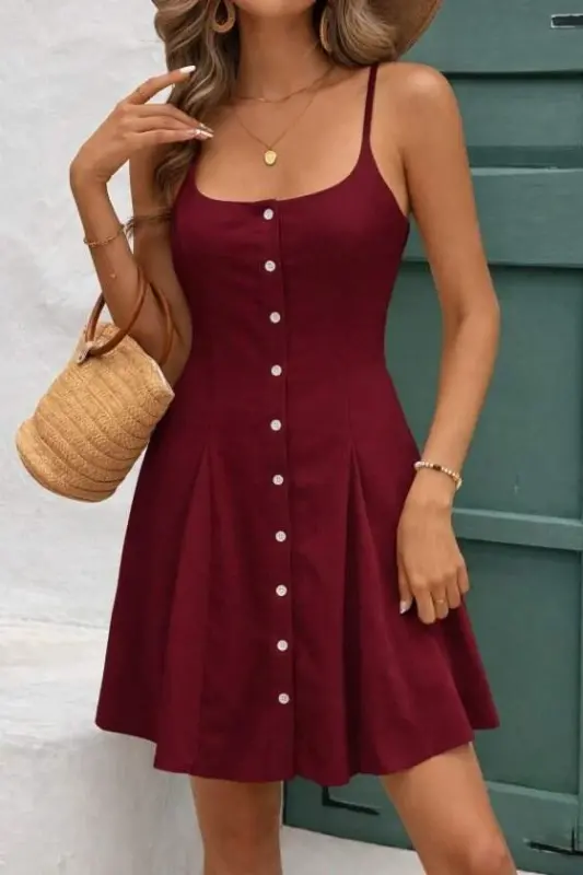 Women's Spaghetti Strap Front Button-Down Lace-Up Mini Dress - 1