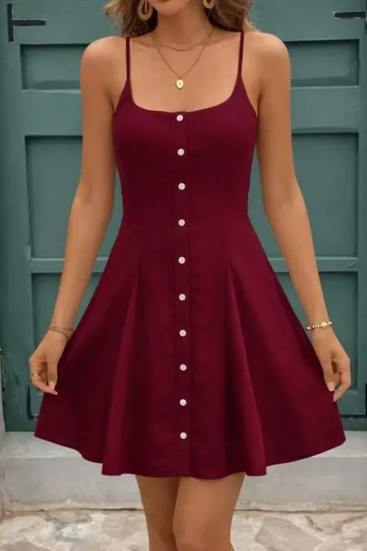 Women's Spaghetti Strap Front Button-Down Lace-Up Mini Dress - 3