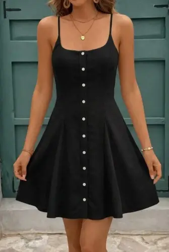 Women's Spaghetti Strap Front Buttoned Lace-Up Mini Dress - 3