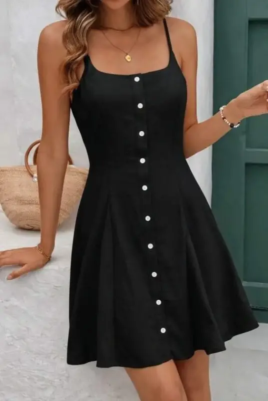 Women's Spaghetti Strap Front Buttoned Lace-Up Mini Dress - 4