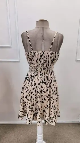 Women's Spaghetti Strap Gathered Neckline Elastic Waist Short Interlock Dress - 3