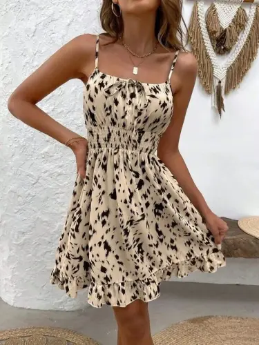 Women's Spaghetti Strap Gathered Neckline Elastic Waist Short Interlock Dress - 8
