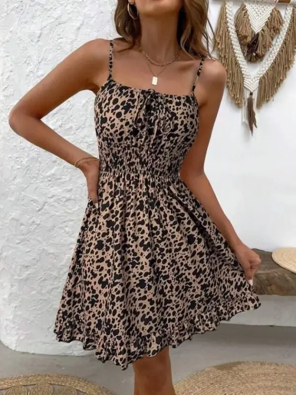 Women's Spaghetti Strap Gathered Neckline Elastic Waist Short Interlock Dress - 7