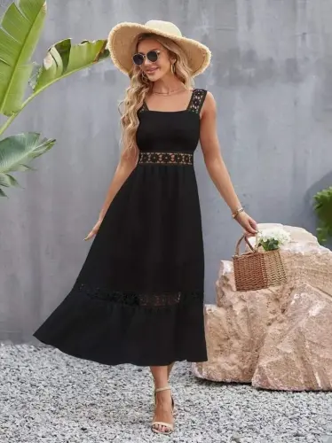 Women's Spaghetti Strap Lace Detail Flared Chiffon Dress - BÜYÜKBEDENIZ (1)