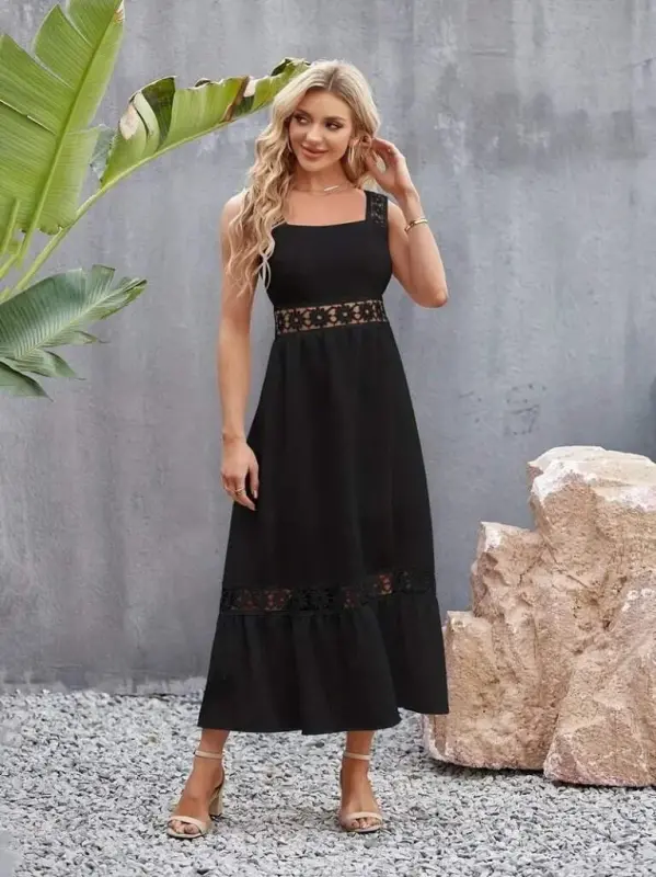 Women's Spaghetti Strap Lace Detail Flared Chiffon Dress - 3