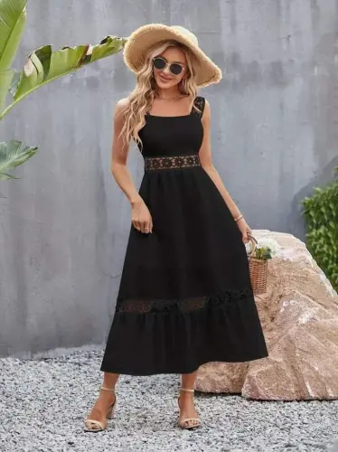 Women's Spaghetti Strap Lace Detail Flared Chiffon Dress - 5