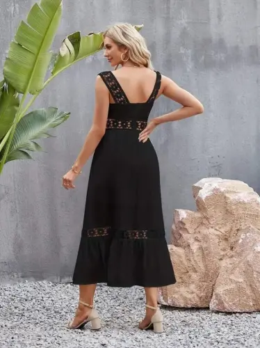 Women's Spaghetti Strap Lace Detail Flared Chiffon Dress - 6