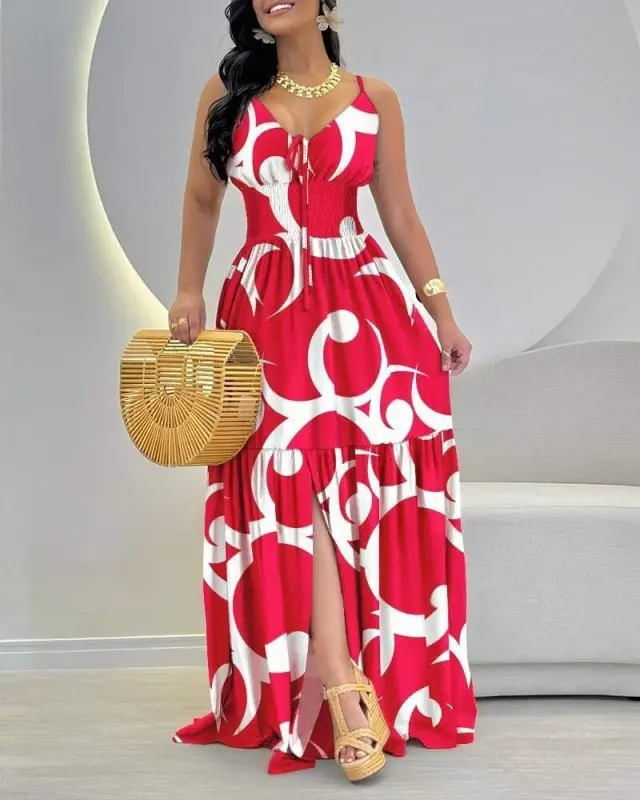 Women's Spaghetti Strap Low-Cut Lace-Up Slit Patterned Supreme Dress - BÜYÜKBEDENIZ