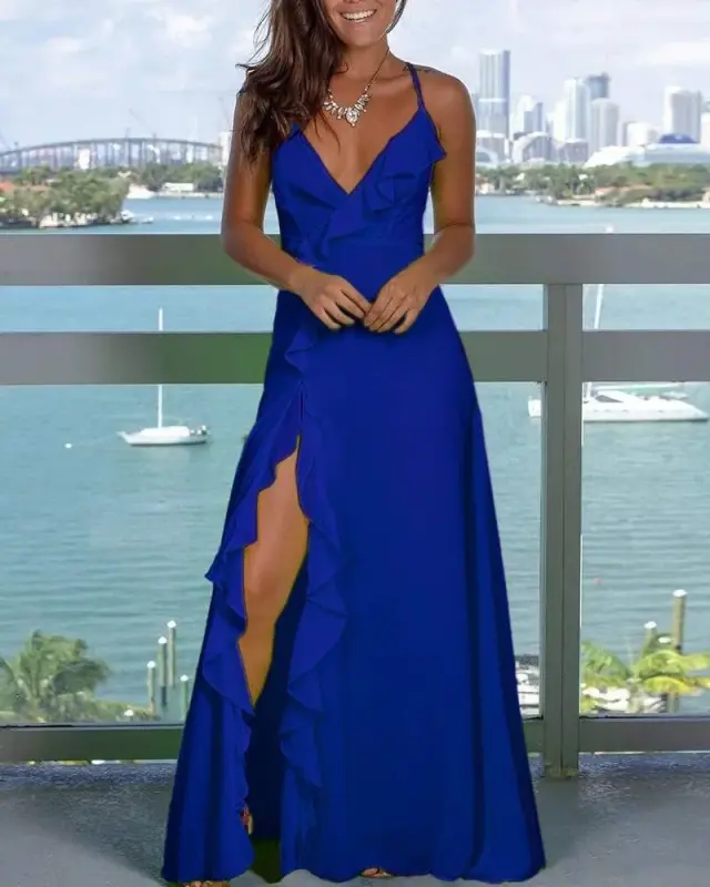 Women's Spaghetti Strap Low-Cut Slit Detail Crepe Dress - BÜYÜKBEDENIZ