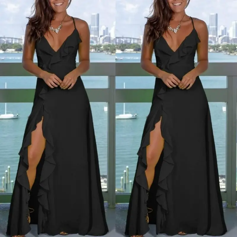 Women's Spaghetti Strap Low-Cut Slit Detail Crepe Dress - 2