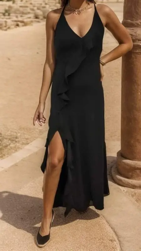 Women's Spaghetti Strap Low-Cut Slit Detail Crepe Dress - 4