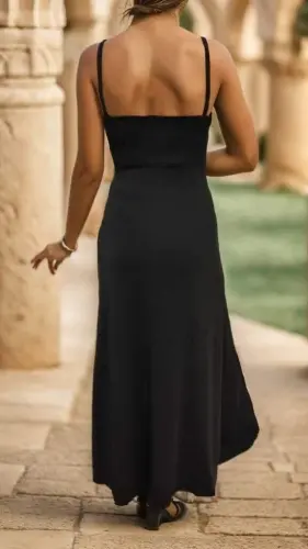 Women's Spaghetti Strap Low-Cut Slit Detail Crepe Dress - 5