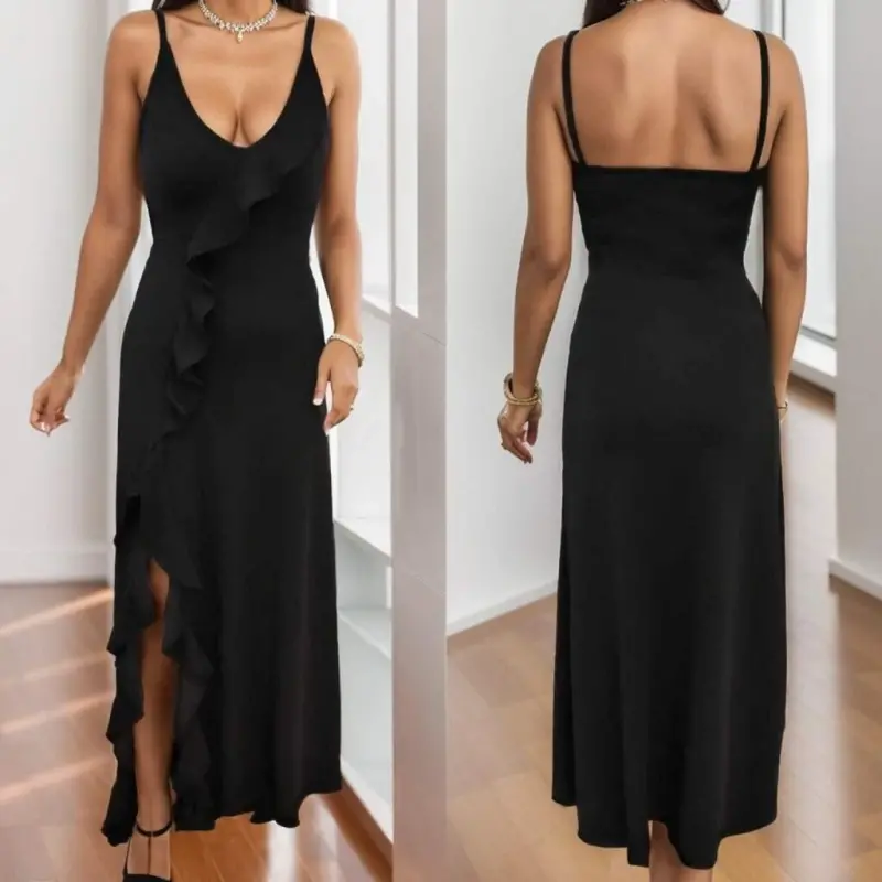 Women's Spaghetti Strap Low-Cut Slit Detail Crepe Dress - 6