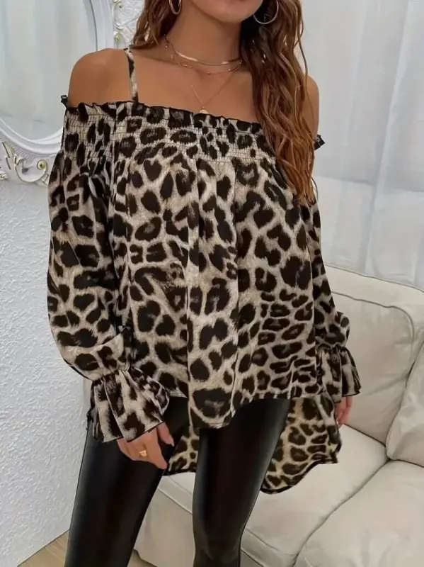 Women's Spaghetti Strap Off Shoulder Leopard Print Asymmetrical Cut Supreme Blouse - 1