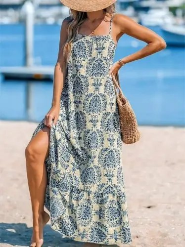 Women's Spaghetti Strap Patterned Ruffled Supima Dress - 1