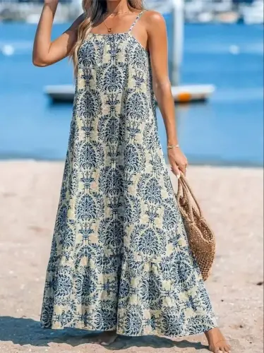 Women's Spaghetti Strap Patterned Ruffled Supima Dress - BÜYÜKBEDENIZ (1)