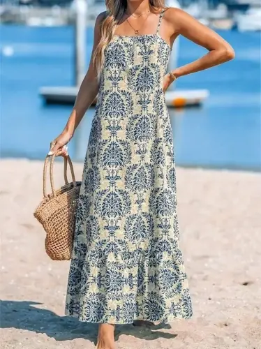 Women's Spaghetti Strap Patterned Ruffled Supima Dress - 5