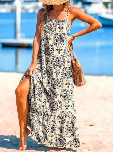 Women's Spaghetti Strap Patterned Ruffled Süprem Dress - 1