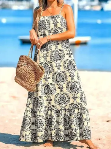 Women's Spaghetti Strap Patterned Ruffled Süprem Dress - 5