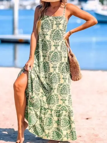 Women's Spaghetti Strap Patterned Ruffled Süprem Dress - 1