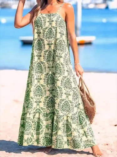 Women's Spaghetti Strap Patterned Ruffled Süprem Dress - BÜYÜKBEDENIZ (1)