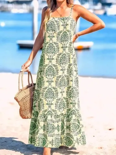 Women's Spaghetti Strap Patterned Ruffled Süprem Dress - 5