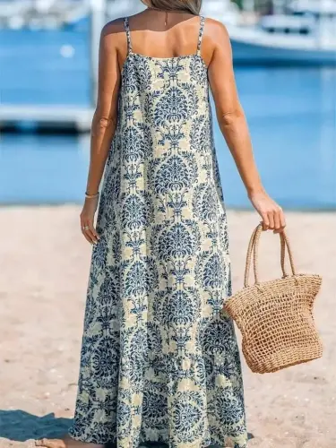 Women's Spaghetti Strap Patterned Ruffled Supreme Dress - 5