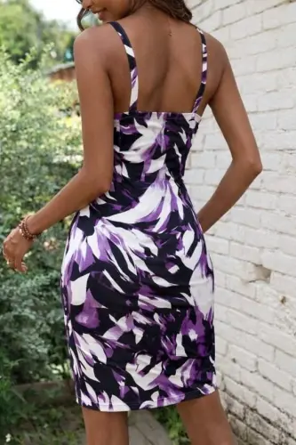 Women's Spaghetti Strap Ring Detailed Wrap Neck Patterned Supre Short Dress - 3