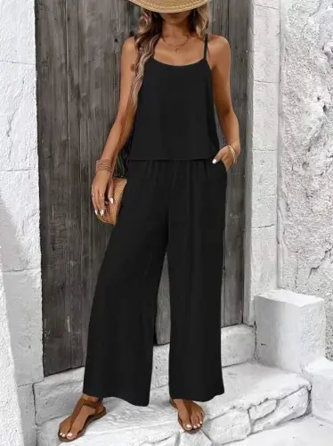Women's Spaghetti Strap Round Neck Aerobin Short Blouse and Trousers Two-Piece Set - 1