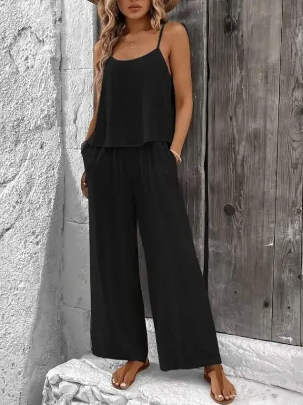 Women's Spaghetti Strap Round Neck Aerobin Short Blouse and Trousers Two-Piece Set - 3