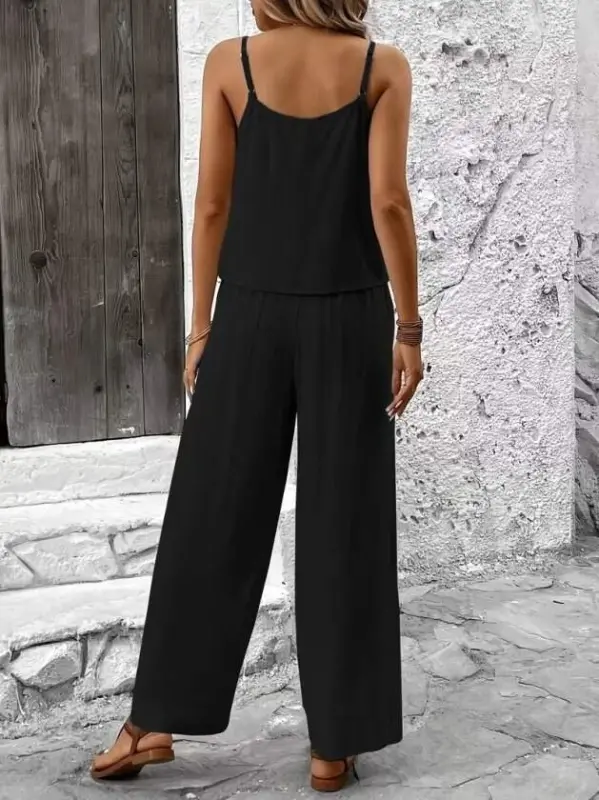 Women's Spaghetti Strap Round Neck Aerobin Short Blouse and Trousers Two-Piece Set - 4