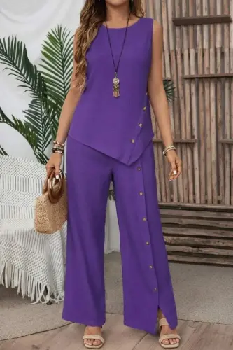 Women's Spaghetti Strap Round Neck Asymmetric Button Detail Aerobin Blouse and Pants Two-Piece Set - 1