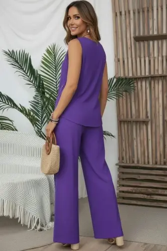 Women's Spaghetti Strap Round Neck Asymmetric Button Detail Aerobin Blouse and Pants Two-Piece Set - 3