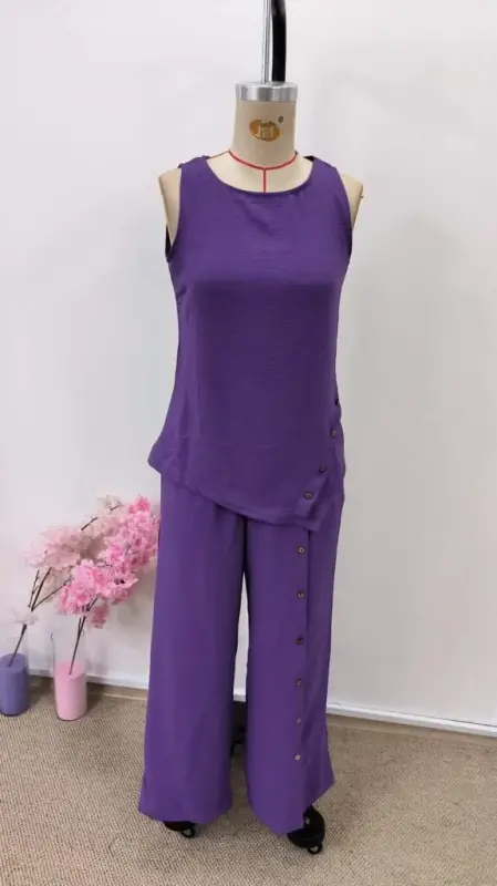 Women's Spaghetti Strap Round Neck Asymmetric Button Detail Aerobin Blouse and Pants Two-Piece Set - 4