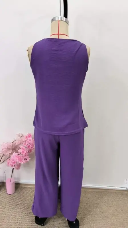 Women's Spaghetti Strap Round Neck Asymmetric Button Detail Aerobin Blouse and Pants Two-Piece Set - 5